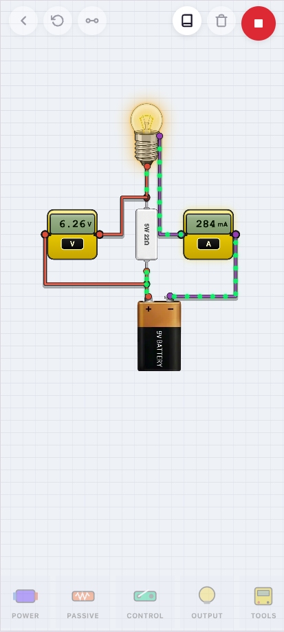 Circuit with voltmeter reading 6.26 V and ammeter reading 284 mA while the bulb glows
