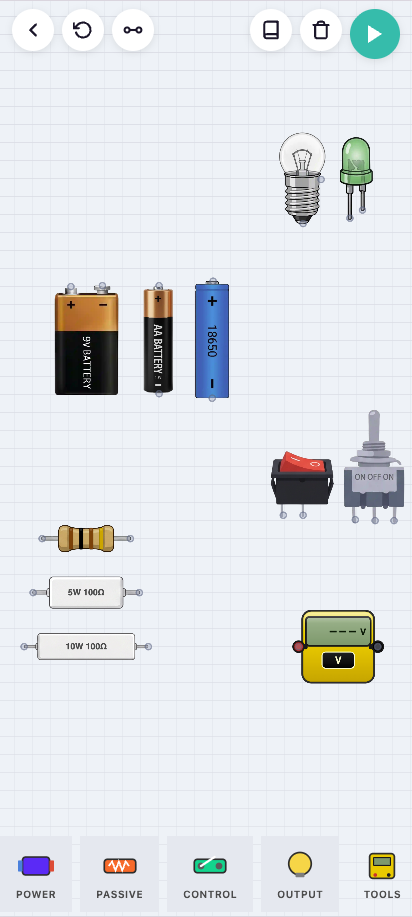 Sandbox palette showing batteries, resistors, switches, bulbs, LEDs, and a multimeter