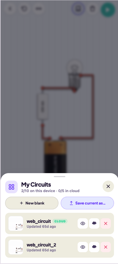 My Circuits sheet showing local and cloud save slots for named sandbox circuits